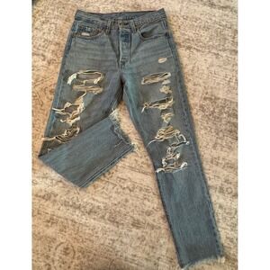 Levis 501 Skinny Distressed High Rise Button Fly Jeans Medium Wash Denim Size 27